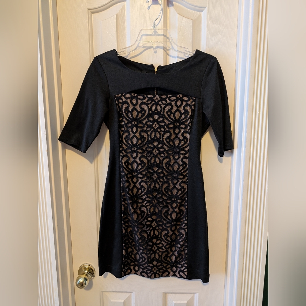 BCX Black And Beige Lace Panel Bodycon Sheath Dress